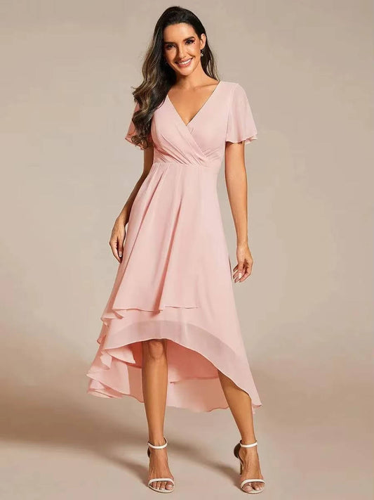 Damen Sommer Asymmetrisch Hochzeitsgast Midikleid
