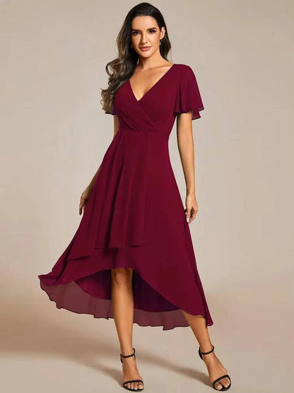 Darlene | Damen Sommer V-ausschnitt Kurzarm Midikleid