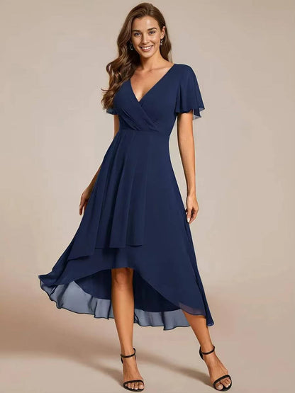 Damen Sommer Asymmetrisch Hochzeitsgast Midikleid