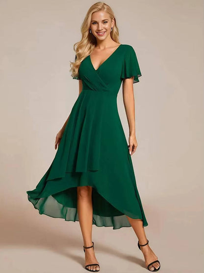 Darlene | Damen Sommer V-ausschnitt Kurzarm Midikleid