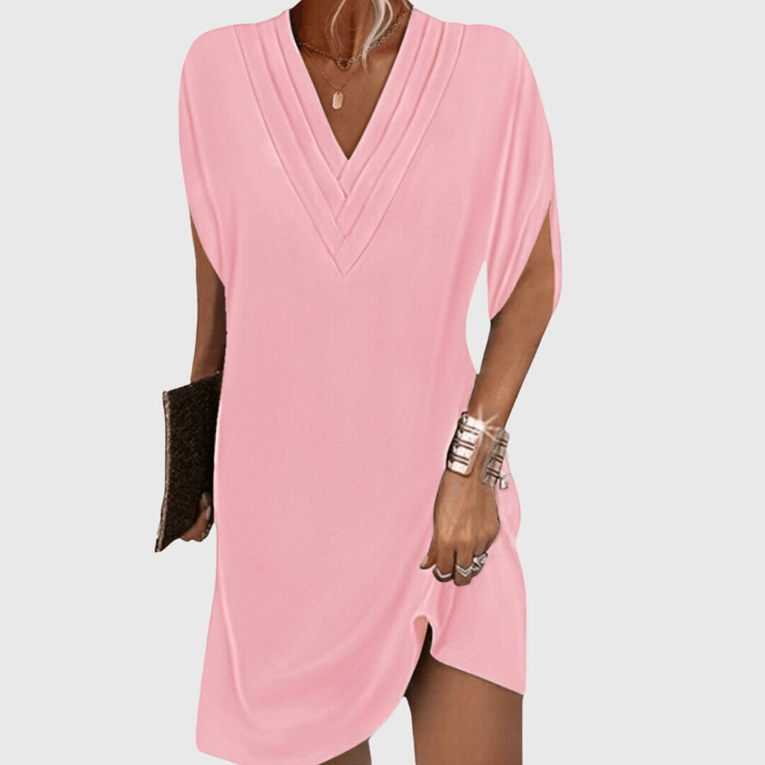 Damen Sommer V-Ausschnitt Kurzarm Midi Strandkleid