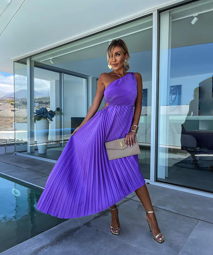 Jana | Damen One-Shoulder Plissiertes Hochzeitsgastkleid