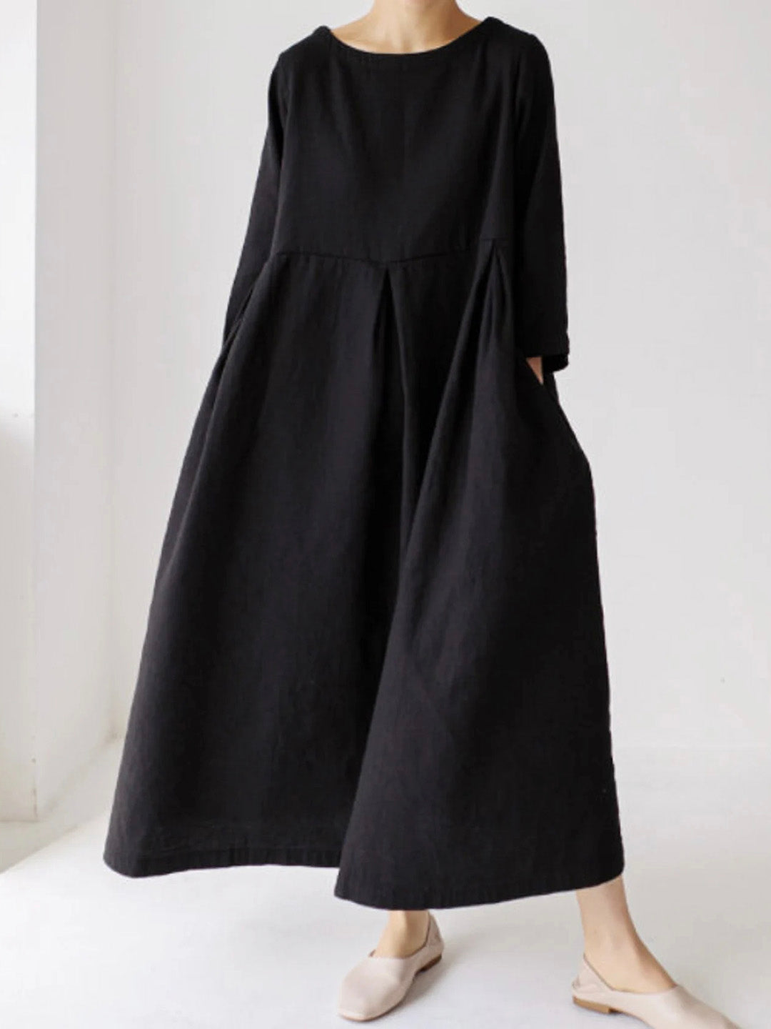 Damen Sommer Langarm Leinen Maxikleid