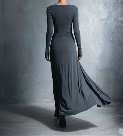 Laura | Damen Elegant Drapiertes Langarm Maxikleid