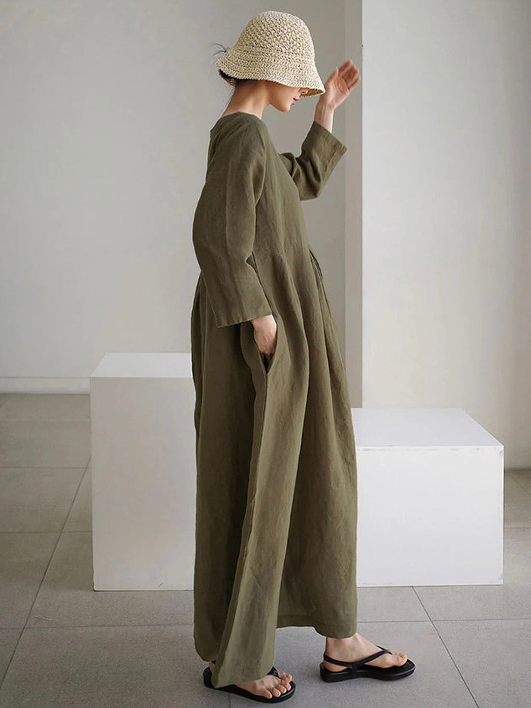 Damen Sommer Langarm Leinen Maxikleid