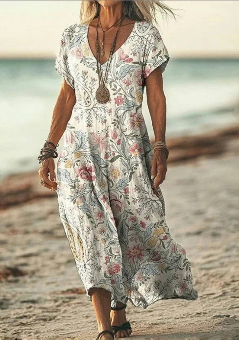 Damen Sommer Blumenmuster V-Ausschnitt Midikleid