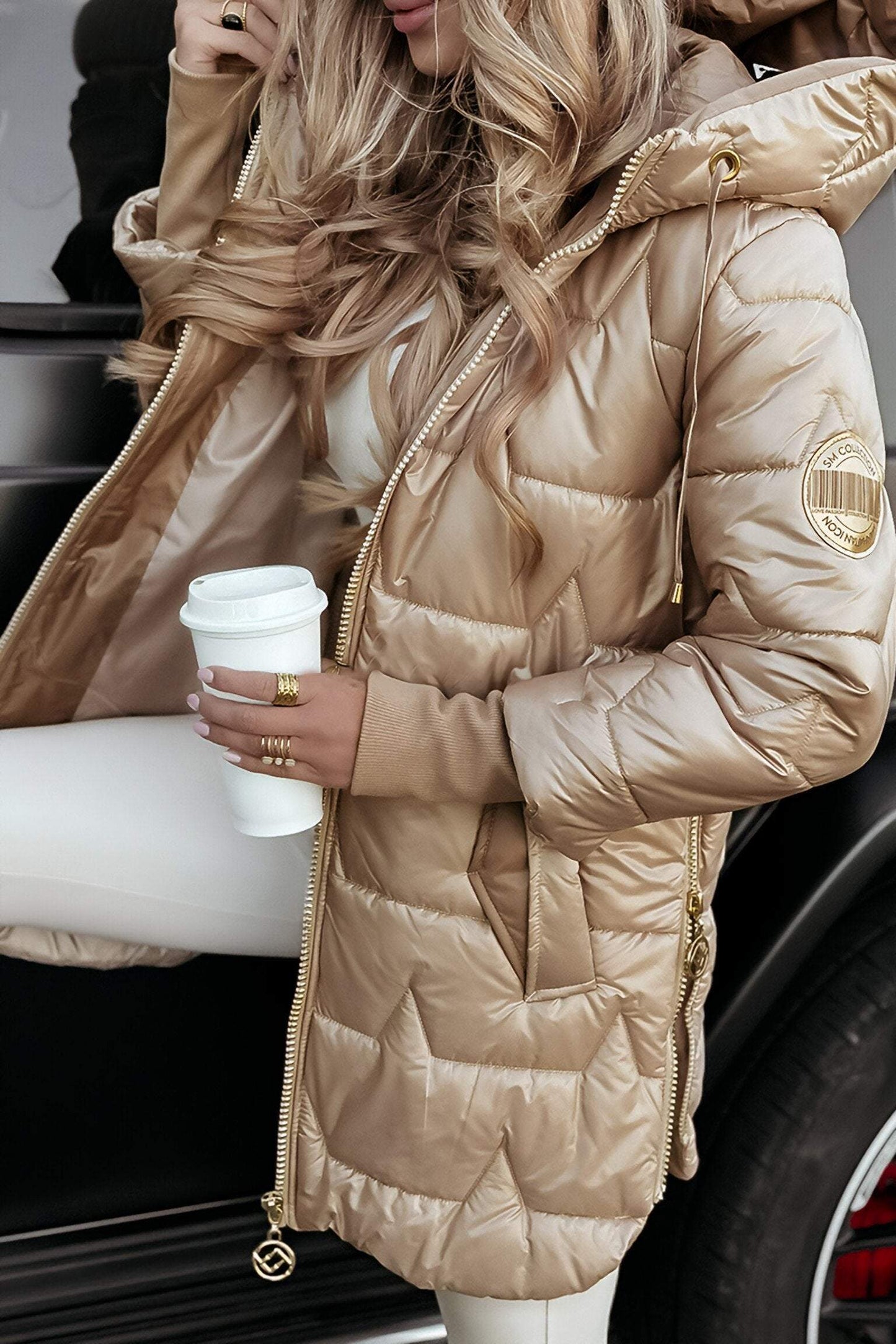 Amelie | Damen Lange Winter Steppjacke mit Kapuze