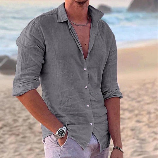 Herren Slim Fit Baumwoll Leinen Sommer Hemd