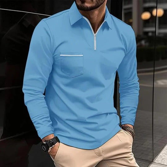 Herren Lässig Reißverschluss Langarm Poloshirt