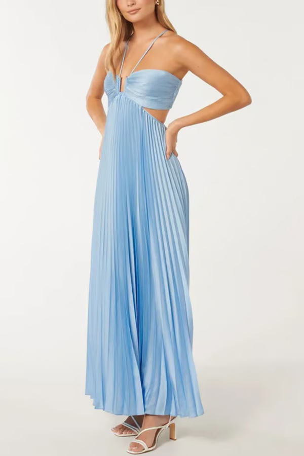 Damen Plissiertes Neckholder Festliches Maxi Sommerkleid