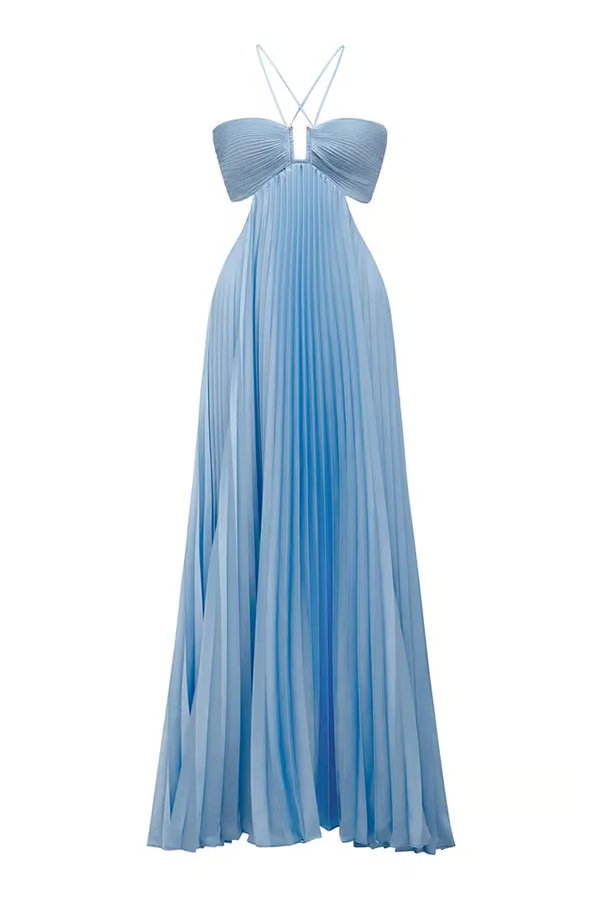 Damen Plissiertes Neckholder Festliches Maxi Sommerkleid