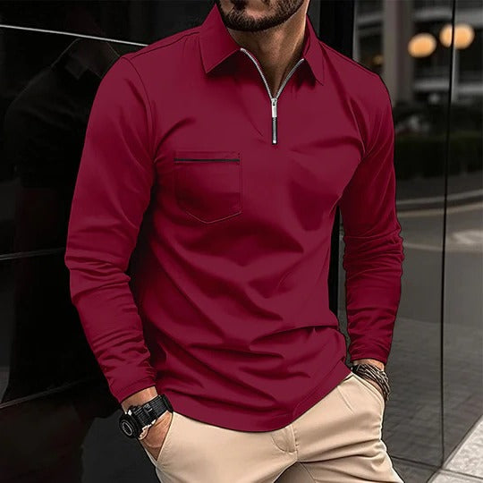 Herren Lässig Reißverschluss Langarm Poloshirt