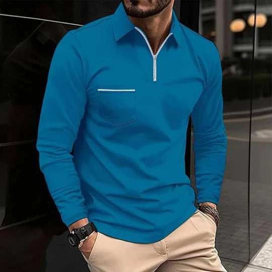Herren Lässig Reißverschluss Langarm Poloshirt