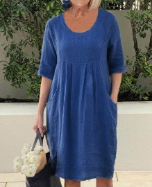 Damen Kurzarm Sommer Midikleid mit Taschen