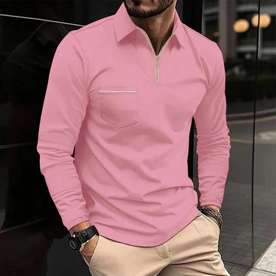 Herren Lässig Reißverschluss Langarm Poloshirt