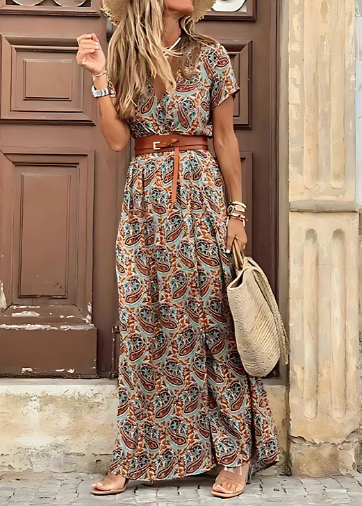 Hannah | Damen Sommer Lässiges Tailliertes Paisley Maxikleid