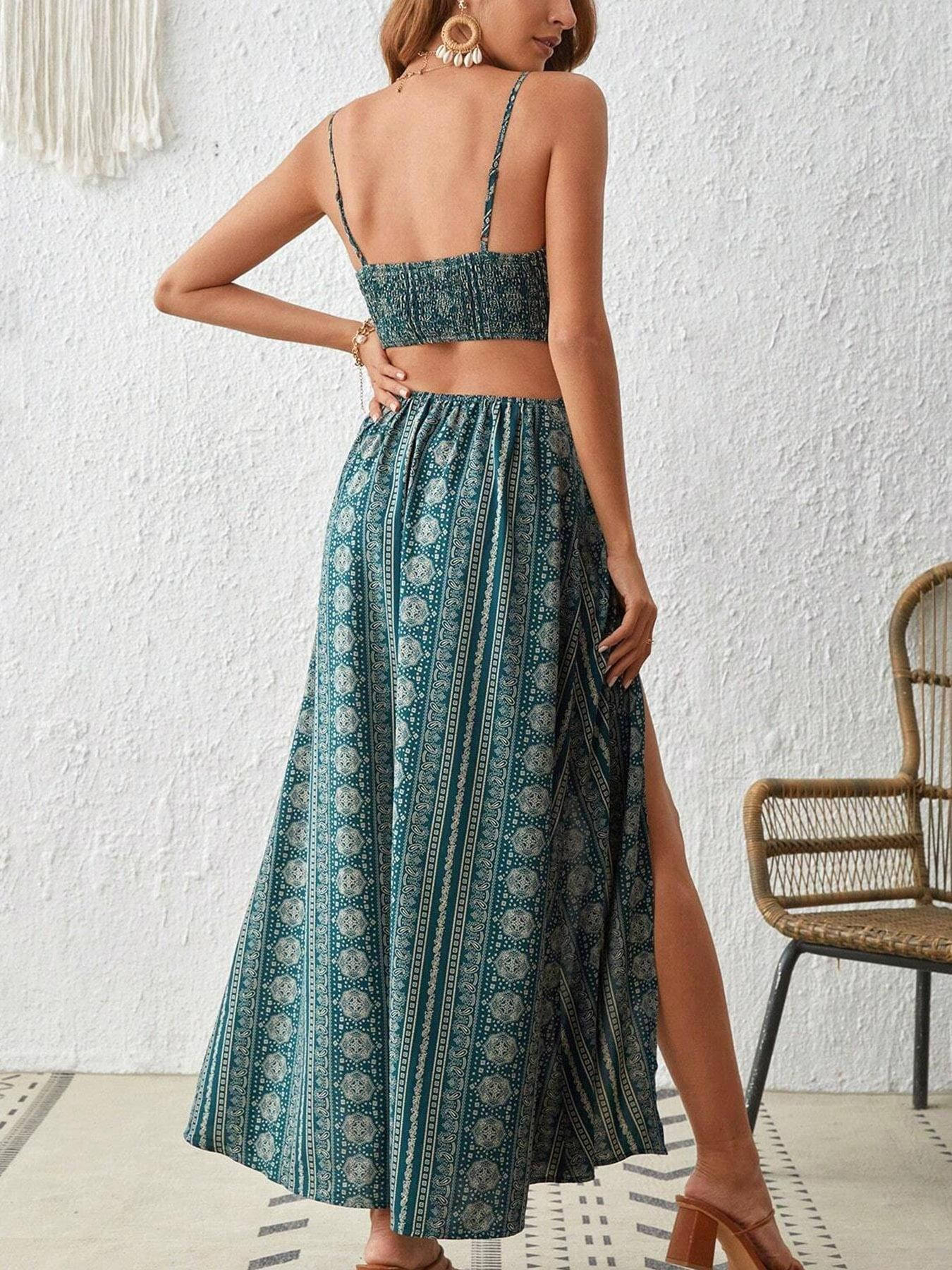 Damen Ärmellos Cut-Out Boho Sommer Maxikleid