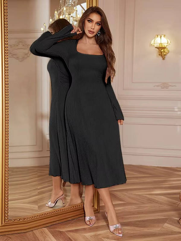 Damen Lässig Eckiger Ausschnitt Hochzeitsgast Midikleid