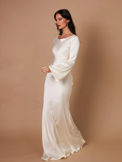 Katja | Damen Elegantes Satin Maxikleid mit langen Ärmeln
