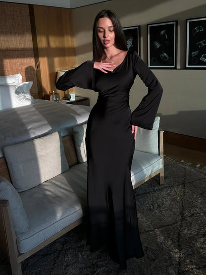 Katja | Damen Elegantes Satin Maxikleid mit langen Ärmeln