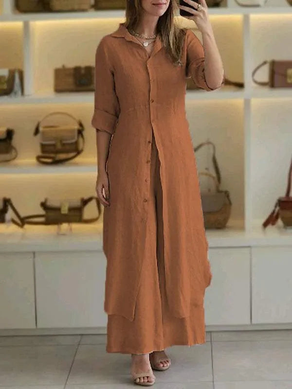 Damen Lässig Knopfleiste Lagenlook Blusenkleid Set