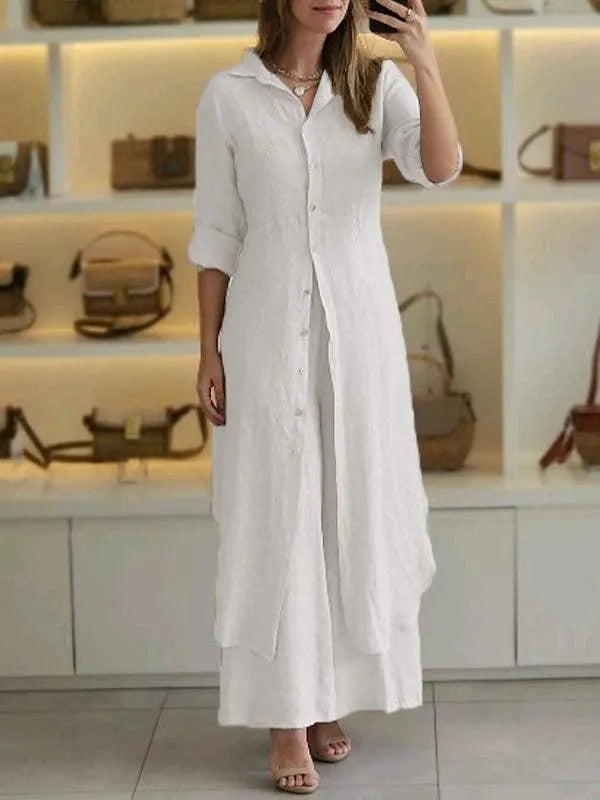 Damen Lässig Knopfleiste Lagenlook Blusenkleid Set