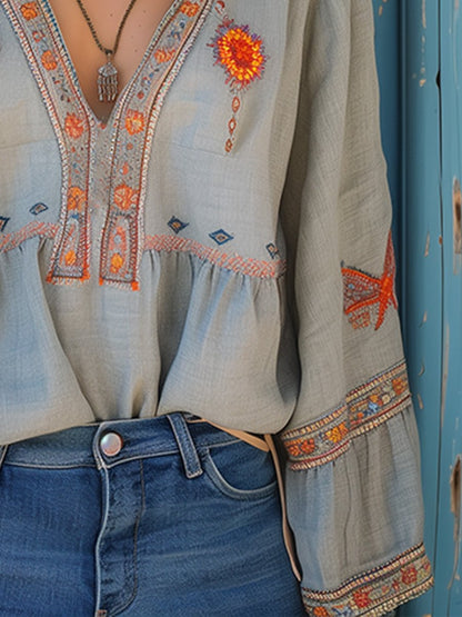 Kerstin | Damen Lässige Boho V-Ausschnitt Bluse