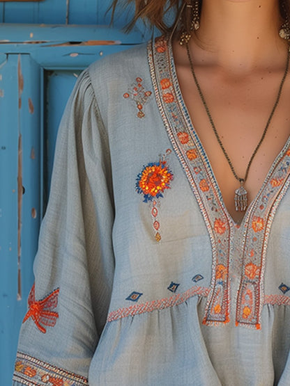 Kerstin | Damen Lässige Boho V-Ausschnitt Bluse