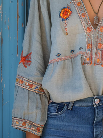 Kerstin | Damen Lässige Boho V-Ausschnitt Bluse