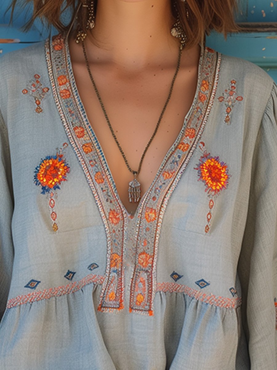 Kerstin | Damen Lässige Boho V-Ausschnitt Bluse