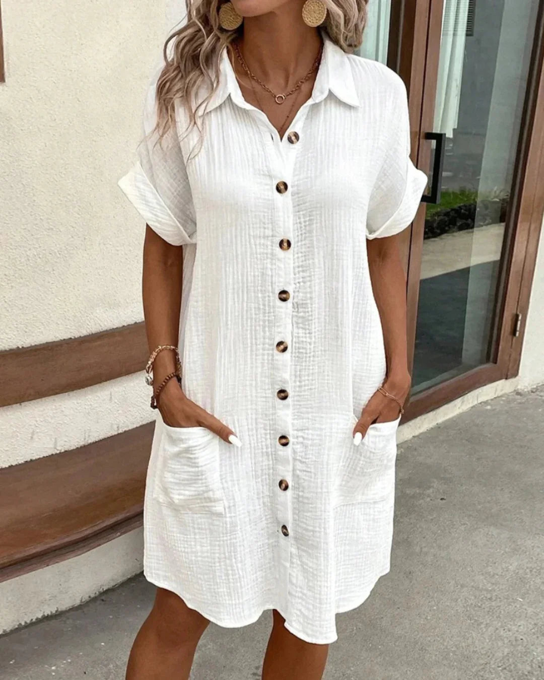 Damen Sommer Leinen V-Ausschnitt Midikleid