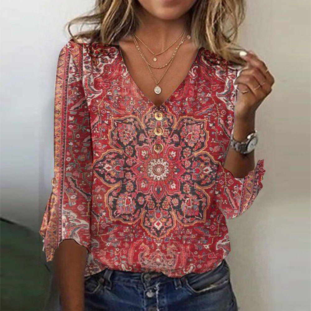 Damen V Ausschnitt Muster Boho Bluse