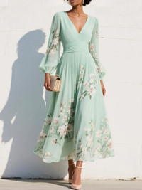 Louisa | Damen Florales V-Ausschnitt Sommerkleid mit Langen Ärmeln