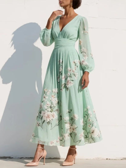 Louisa | Damen Florales V-Ausschnitt Sommerkleid mit Langen Ärmeln