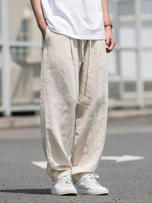 Herren Elastischer Bund Weite Leinen Hose
