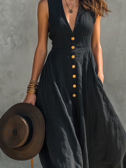 Vanessa | Damen Lässiges V-Ausschnitt Maxikleid Ärmellos Schwarz