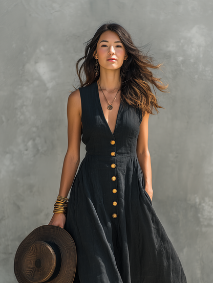Vanessa | Damen Lässiges V-Ausschnitt Maxikleid Ärmellos Schwarz