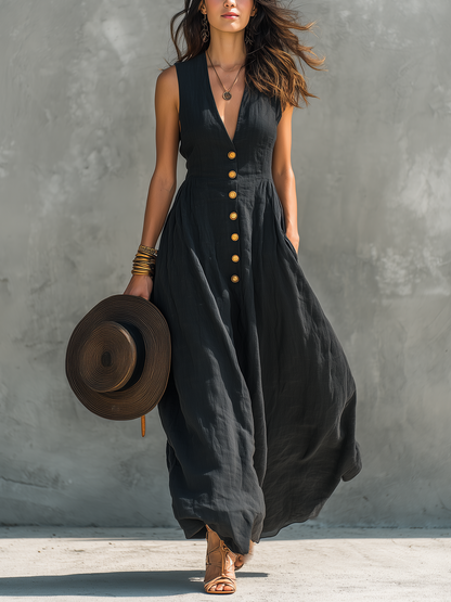 Vanessa | Damen Lässiges V-Ausschnitt Maxikleid Ärmellos Schwarz