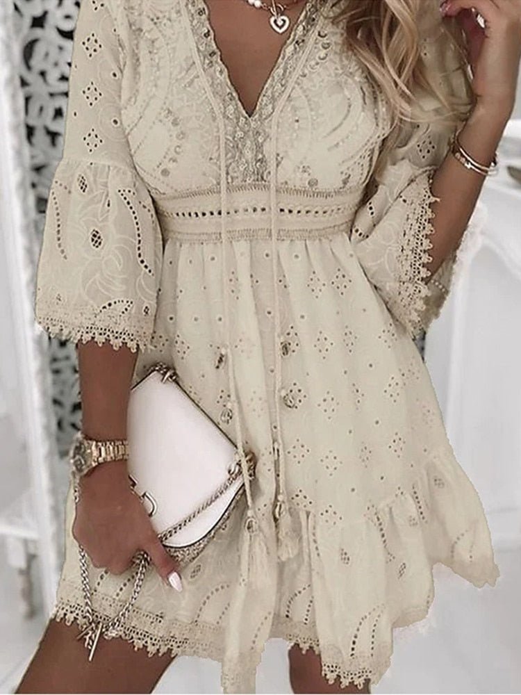Damen V-Ausschnitt Gestuft Boho Minikleid