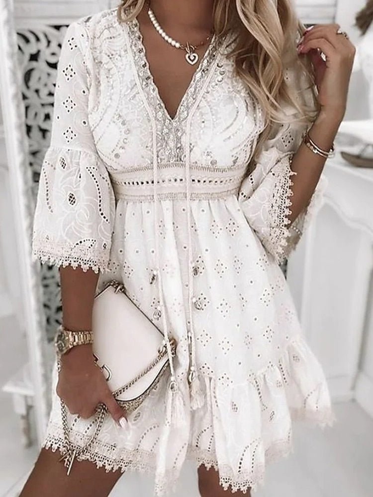 Damen V-Ausschnitt Gestuft Boho Minikleid