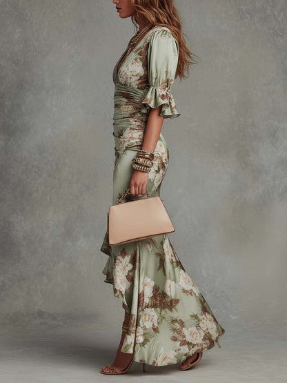 Mailin | Damen Elegant Florales Asymmetrisches Rüschenkleid