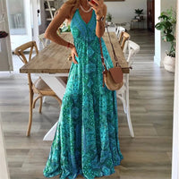 Damen Boho V-Ausschnitt Fließendes Maxi Kleid