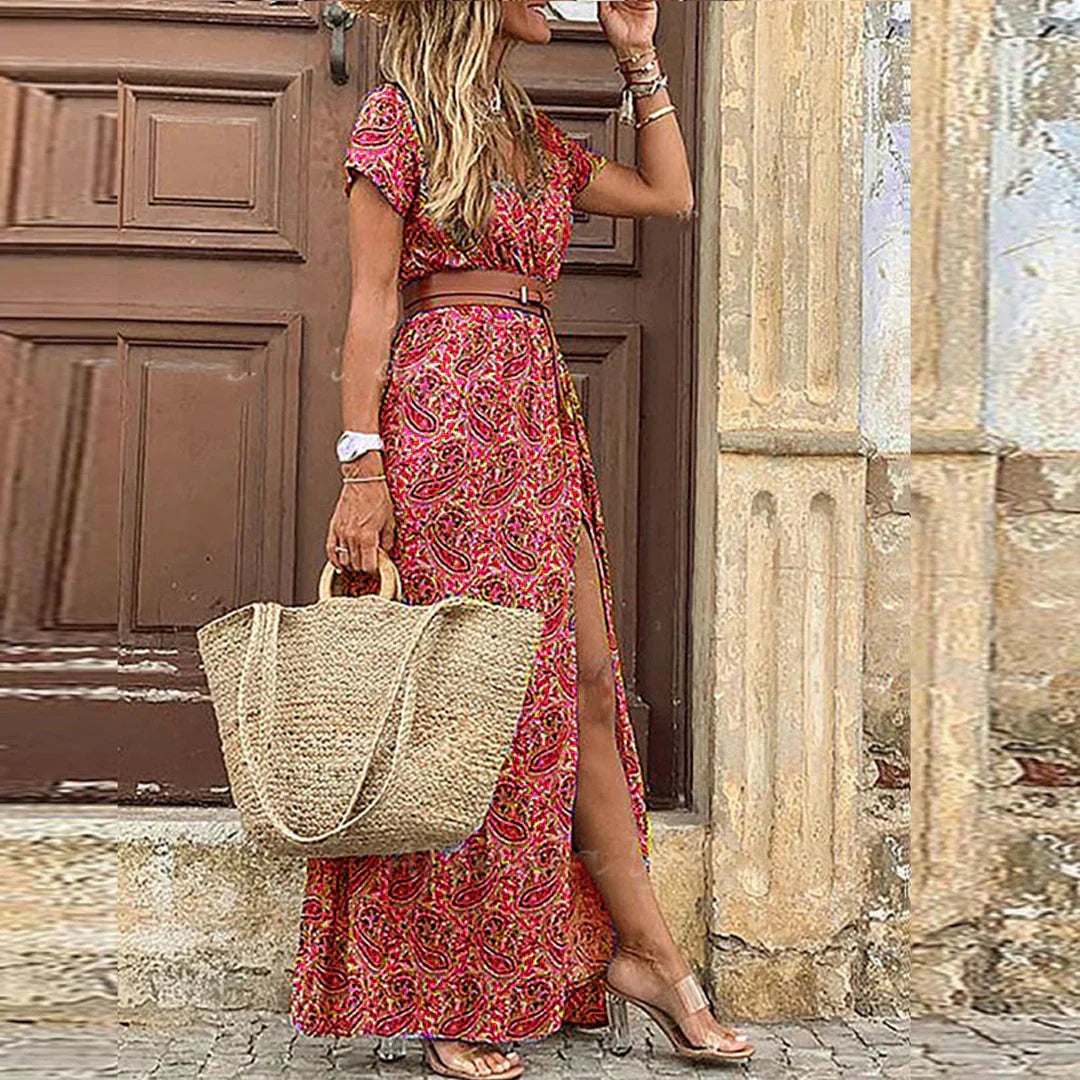Hannah | Damen Sommer Lässiges Tailliertes Paisley Maxikleid