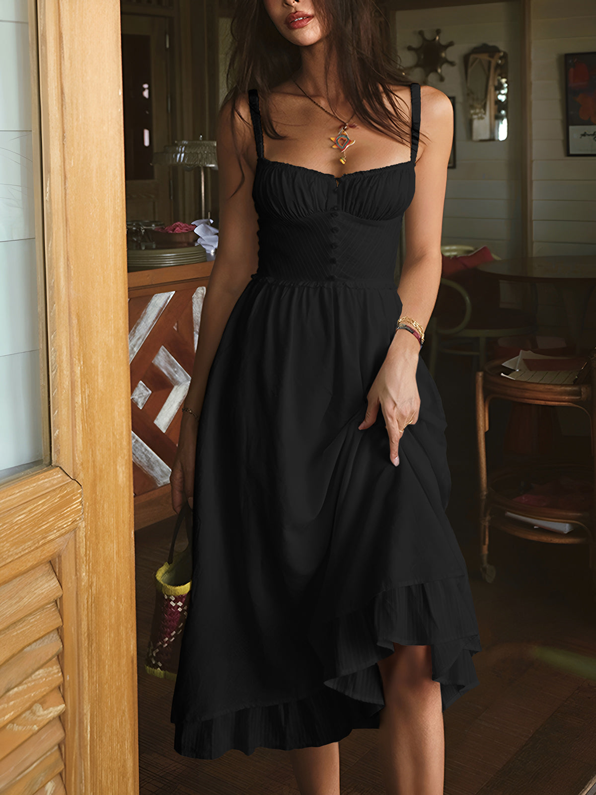 Damen Strand Rüschen Spaghetti Träger Midi Kleid