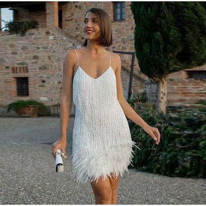 Myriam | Damen Festliches Feder Cocktailkleid mit Pailletten und Spaghettiträgern