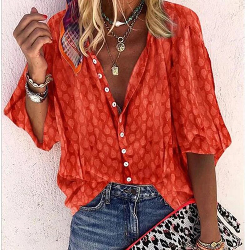 Damen V Ausschnitt Muster Knopfleiste Bluse