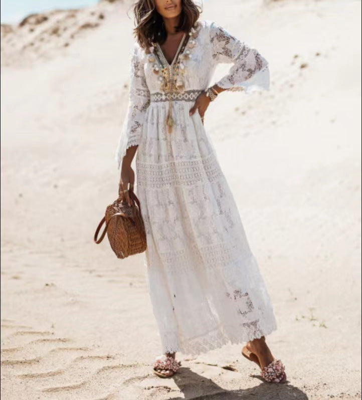 Damen Elegant Spitze Boho Maxikleid