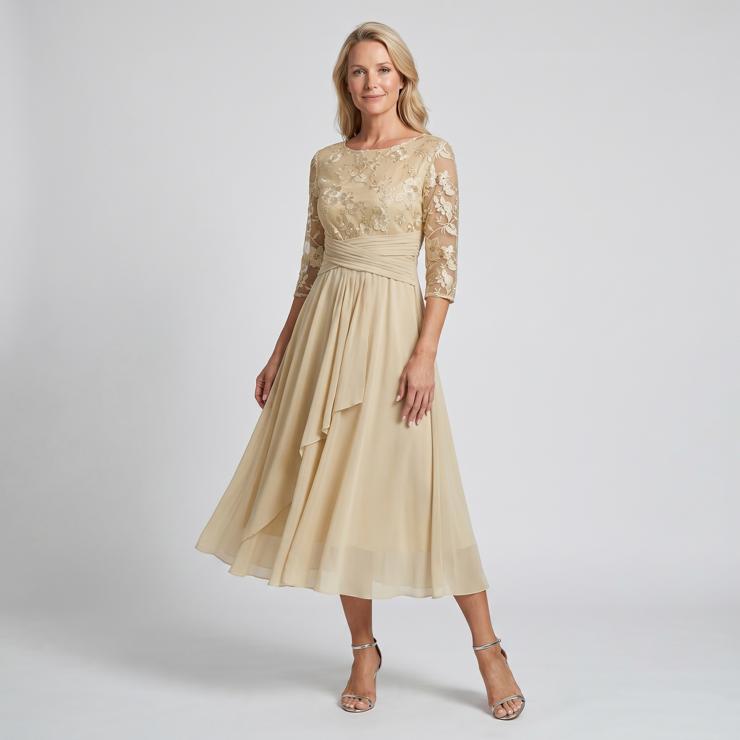 Manuela | Damen Besticktes Chiffon Midikleid