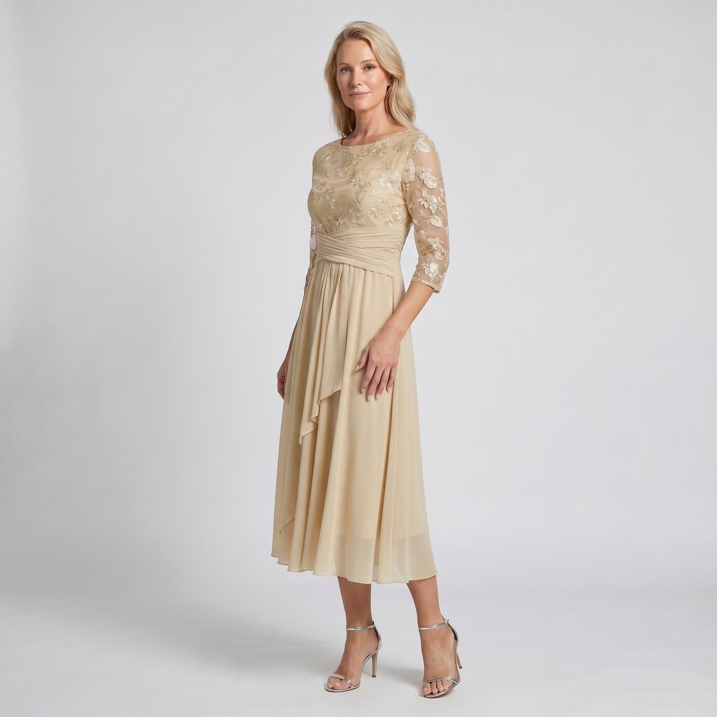 Manuela | Damen Besticktes Chiffon Midikleid