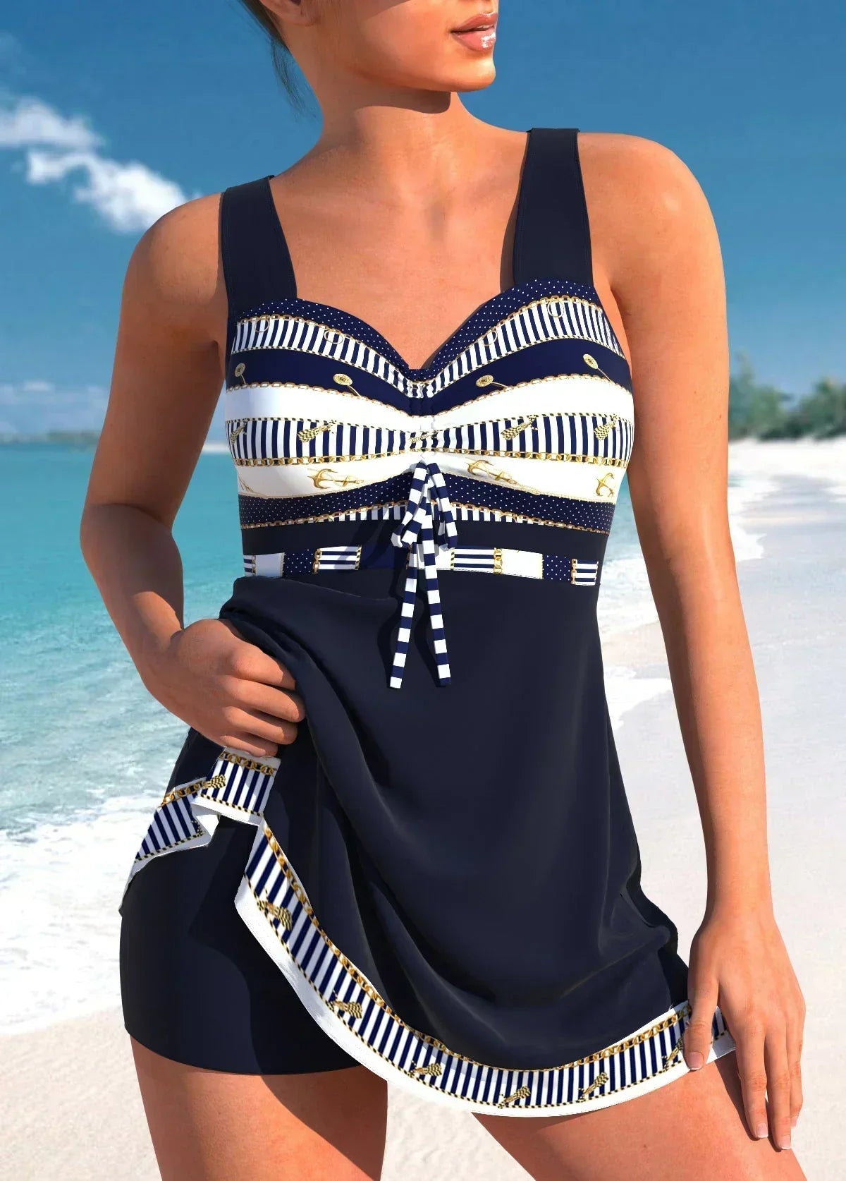 Damen Elegantes Gestreiftes Sommer Badeanzugkleid